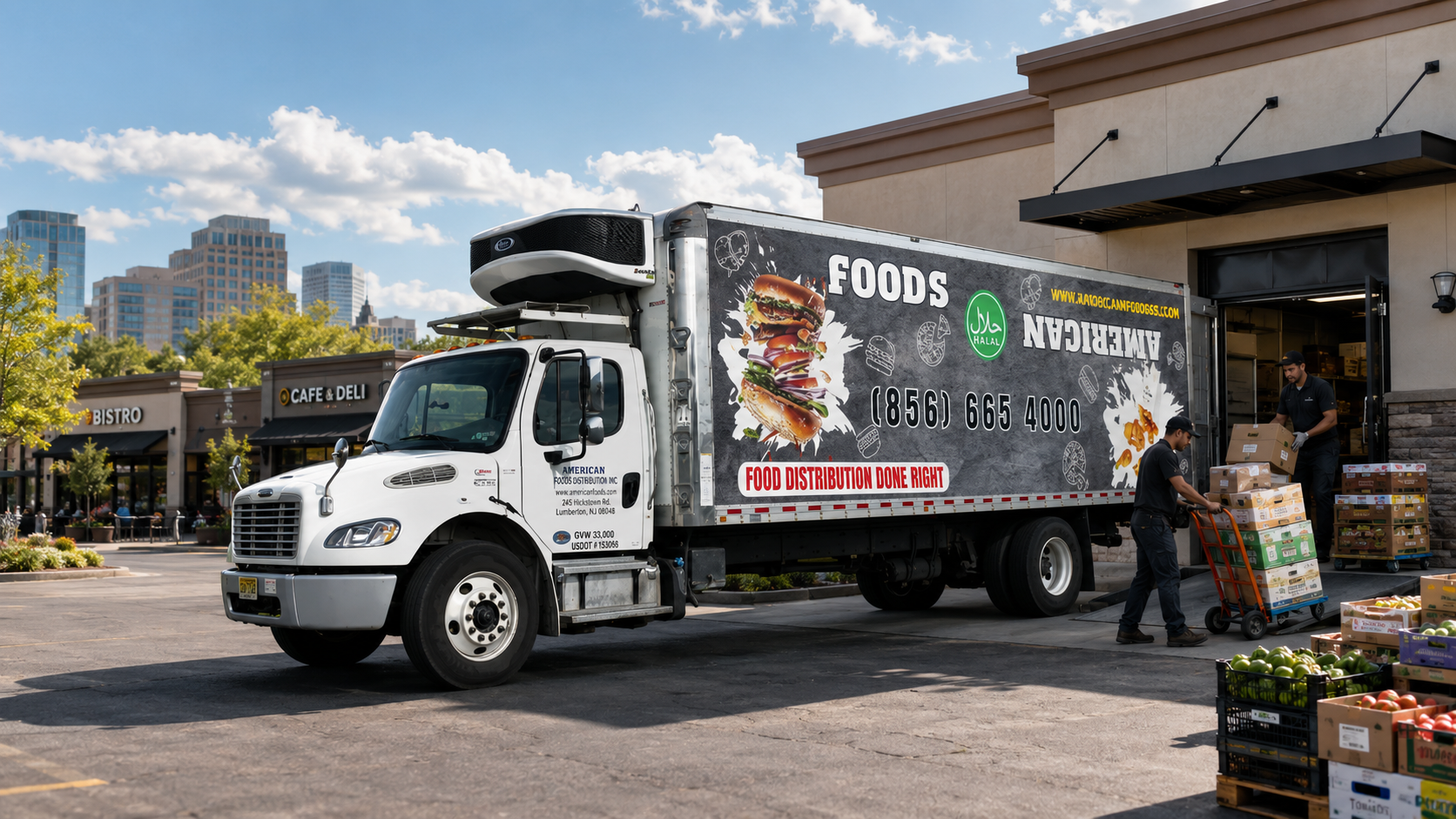 An American Foods truck unloading a delivery at a restaurant